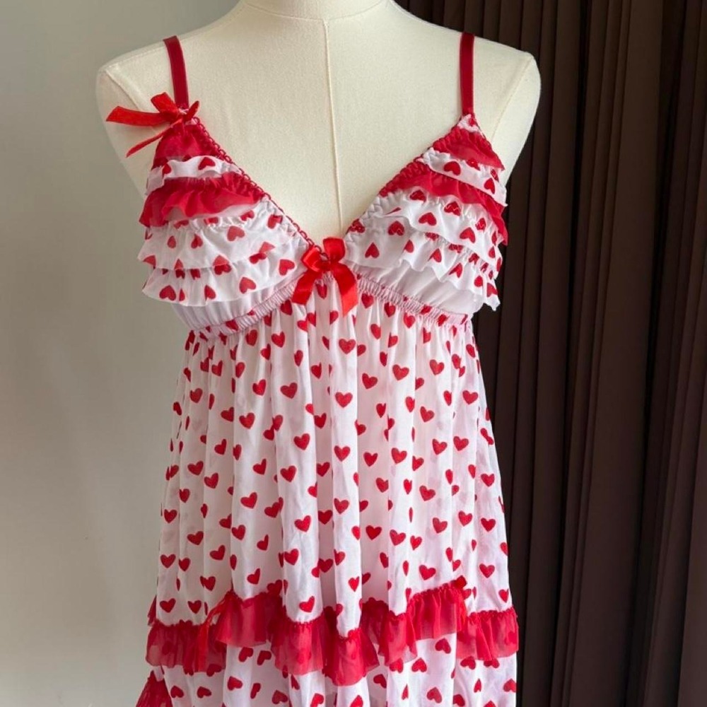 Red White Heart Print Babydoll Dress Ruffles Bows Sweetheart Neck Loungewear